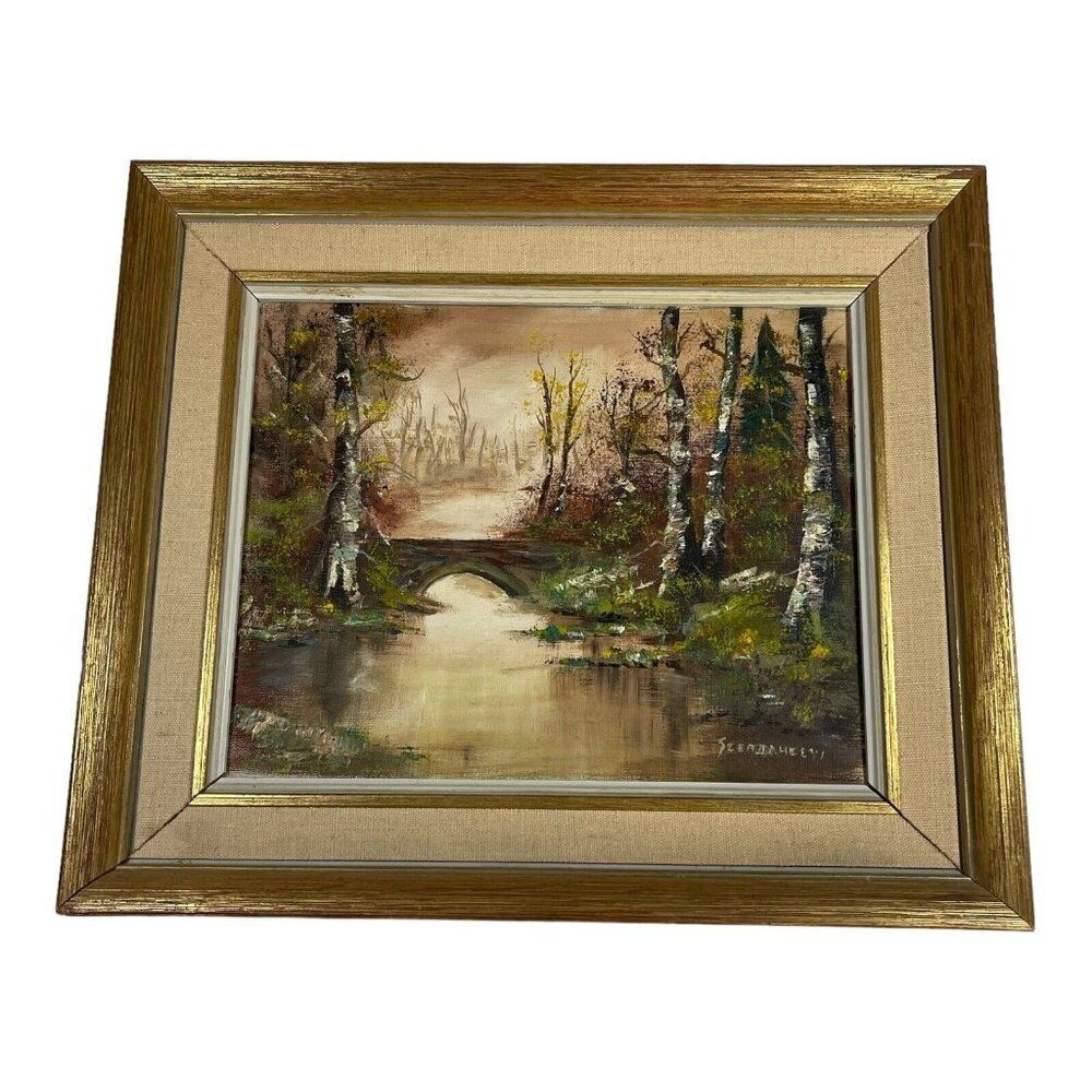Impressionist landscape Autumn river scene Istvan Prorubszky Framed 13.25x11.25